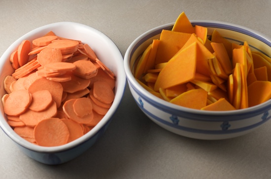 Squash and sweet potatoes should be thinly sliced, no more than 1/8 inch thick.
