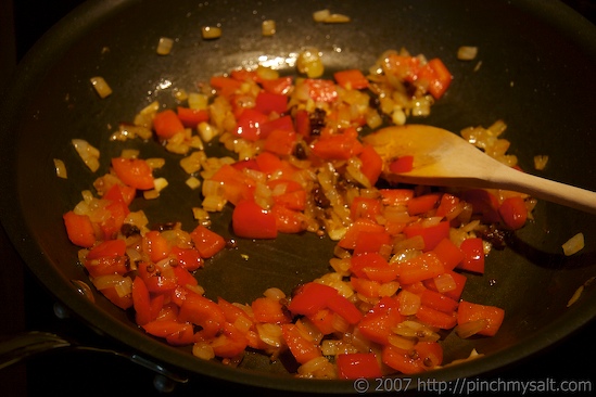 Browned onions and red bell peppers
