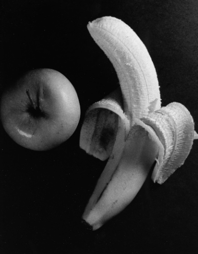 Black and White Banana and Apple