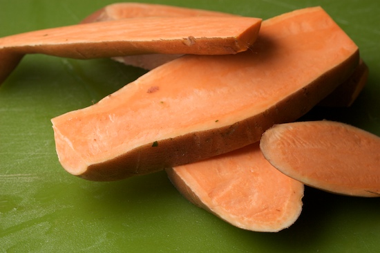 Cut the sweet potatoes lengthwise into 1/2 inch slices. 
