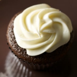 Vanilla Bean Cream Cheese Frosting on top of a Chocolate Stout Cupcake