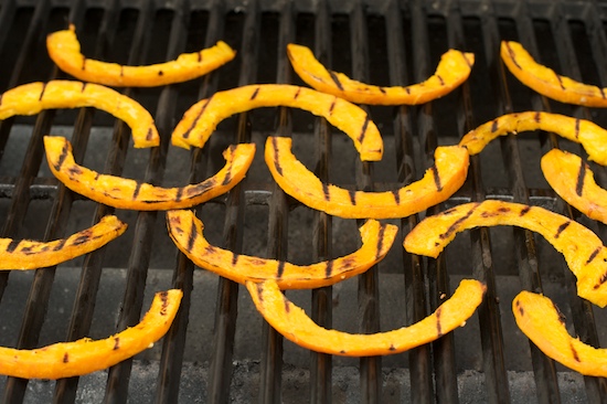 To get decent grill marks on a gas grill, make sure you preheat it while you're preparing the pumpkin.