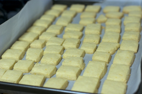The thinner squares baked for 20 minutes at 325 degrees.  We removed them when the bottom edges were just starting to color.