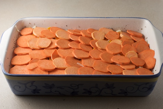 Now use the last of the sweet potatoes to form the top layer of the gratin.