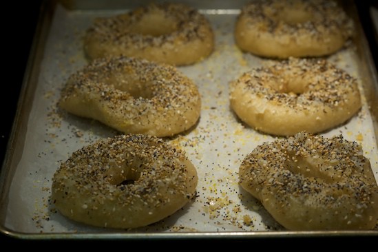 Sprinkle Wet Bagels with Desired Toppings