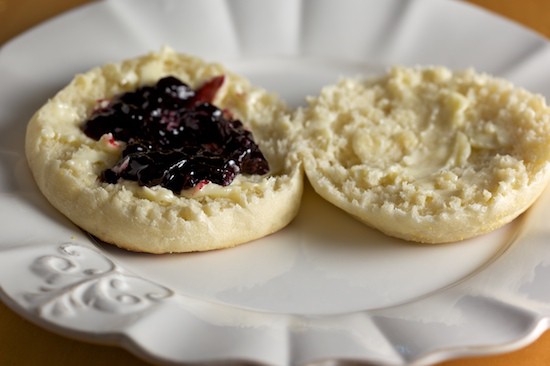 Untoasted English Muffin with Butter and Blackberry Jam