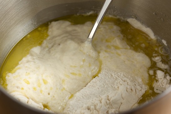 Adding Oil and Flour to Sponge