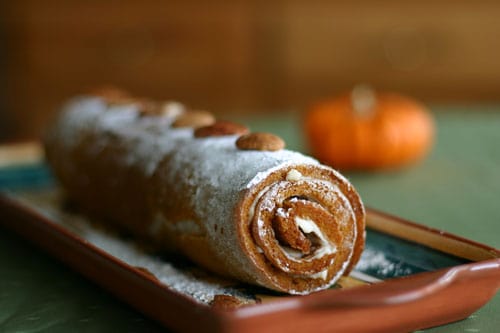 Pumpkin Roll - a rolled pumpkin sponge cake filled with sweetened cream cheese | pinchmysalt.com