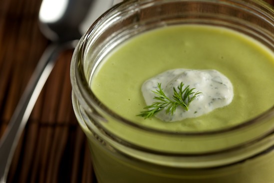 Edamame Green Pea Soup with Herbed Lemon Cream | pinchmysalt.com