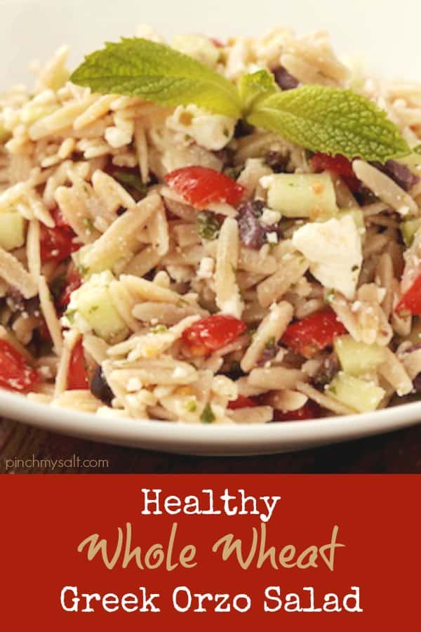 Healthy whole wheat Greek orzo salad recipe | pinchmysalt.com