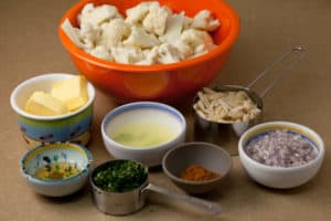 Prepped Ingredients for Cauliflower with Curry Butter and Almonds
