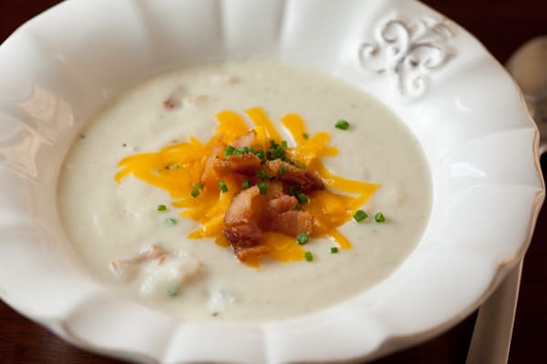 Loaded Cream of Cauliflower Soup in bowl