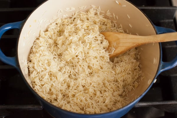 Sautéing rice for Green Chile Rice | pinchmysalt.com