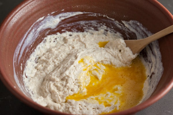 Mixing overnight sourdough pancakes batter | pinchmysalt.com