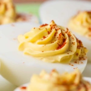Classic Deviled Eggs sprinkled with smoked paprika